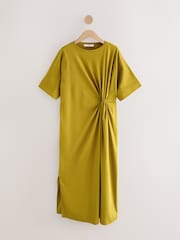 Olive Green Short Sleeve T-Shirt Twist Midi Dress - Image 1 of 3