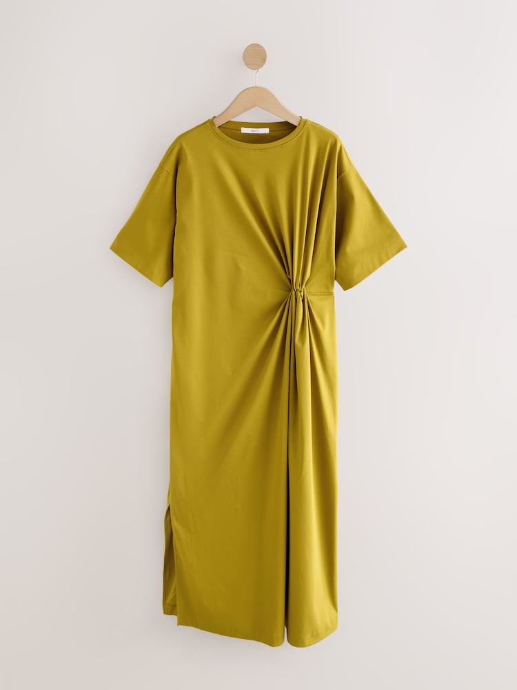 Olive Green Short Sleeve T-Shirt Twist Midi Dress - Image 1 of 3