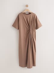 Chocolate Brown Short Sleeve T-Shirt Twist Midi Dress - Image 1 of 3