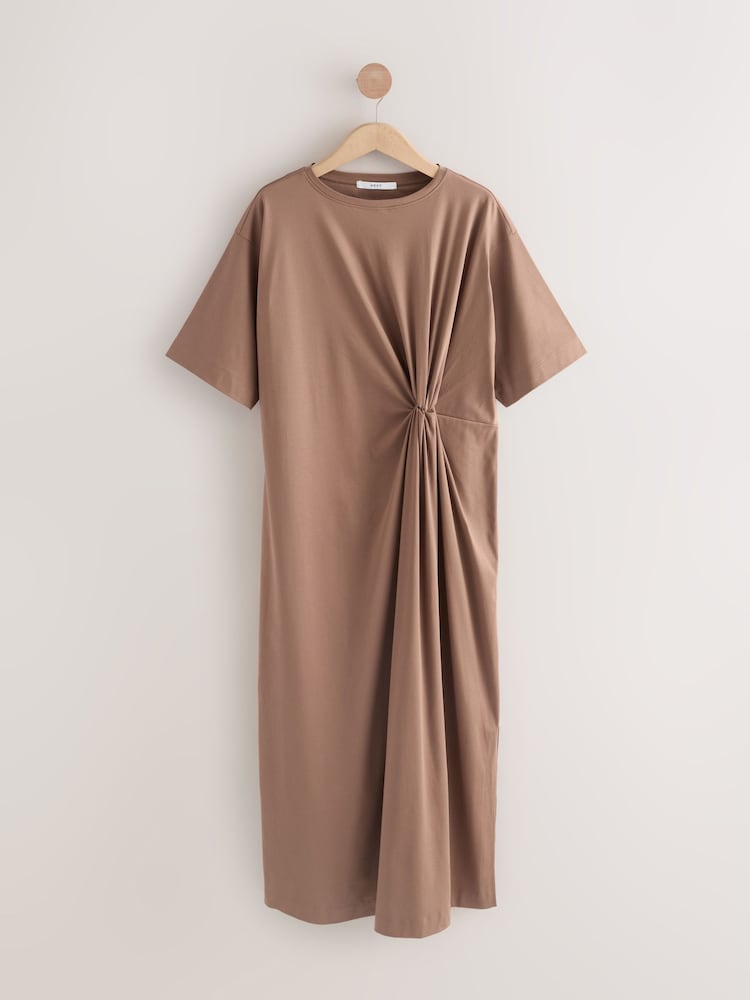 Chocolate Brown Short Sleeve T-Shirt Twist Midi Dress - Image 1 of 3