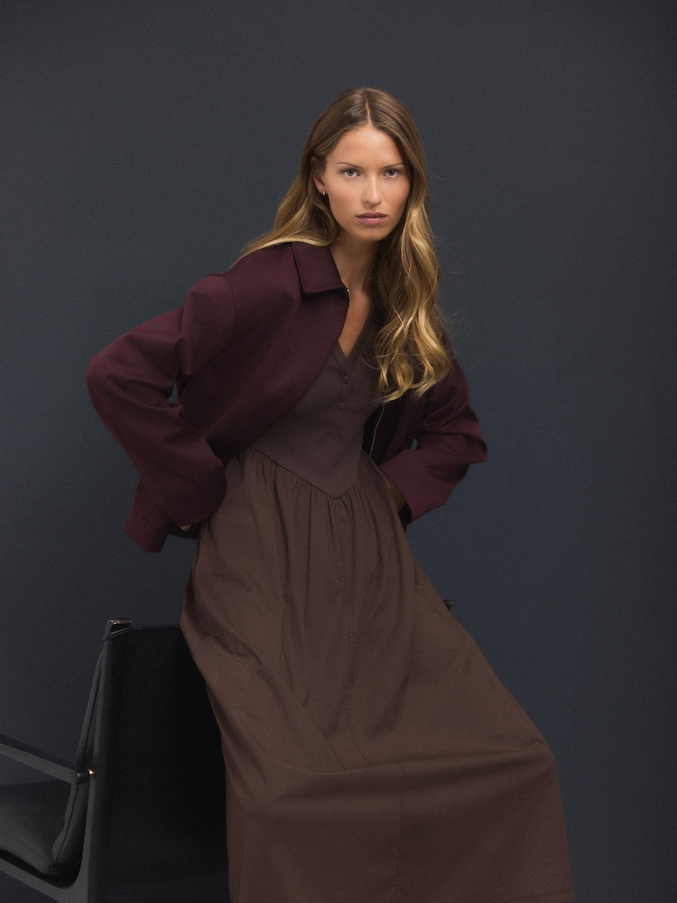 Chocolate marrom - Vestido Midi com cintura elástica e tecido misto de jersey - Imagem 2 de 5
