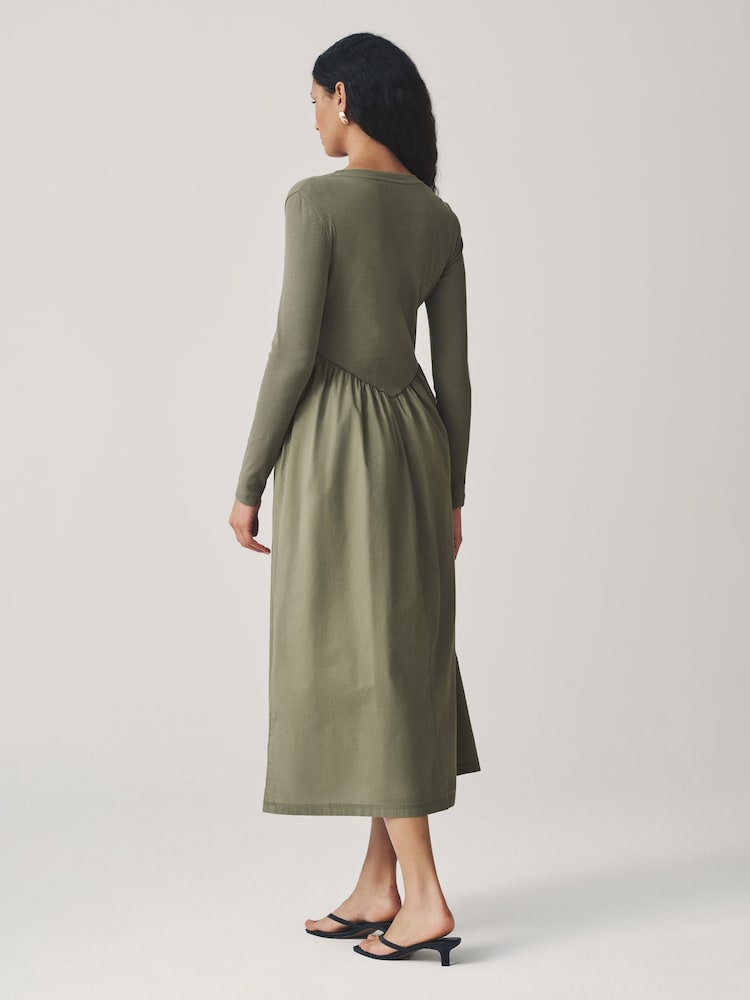 Verde cáqui - Vestido Midi com cintura elástica e tecido misto de jersey - Imagem 2 de 6