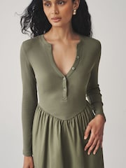 Verde cáqui - Vestido Midi com cintura elástica e tecido misto de jersey - Imagem 3 de 6