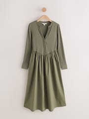 Verde cáqui - Vestido Midi com cintura elástica e tecido misto de jersey - Imagem 4 de 6