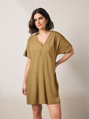 Khakigrün - Kaftan-Minikleid aus Leinen - Bild 1 von 6