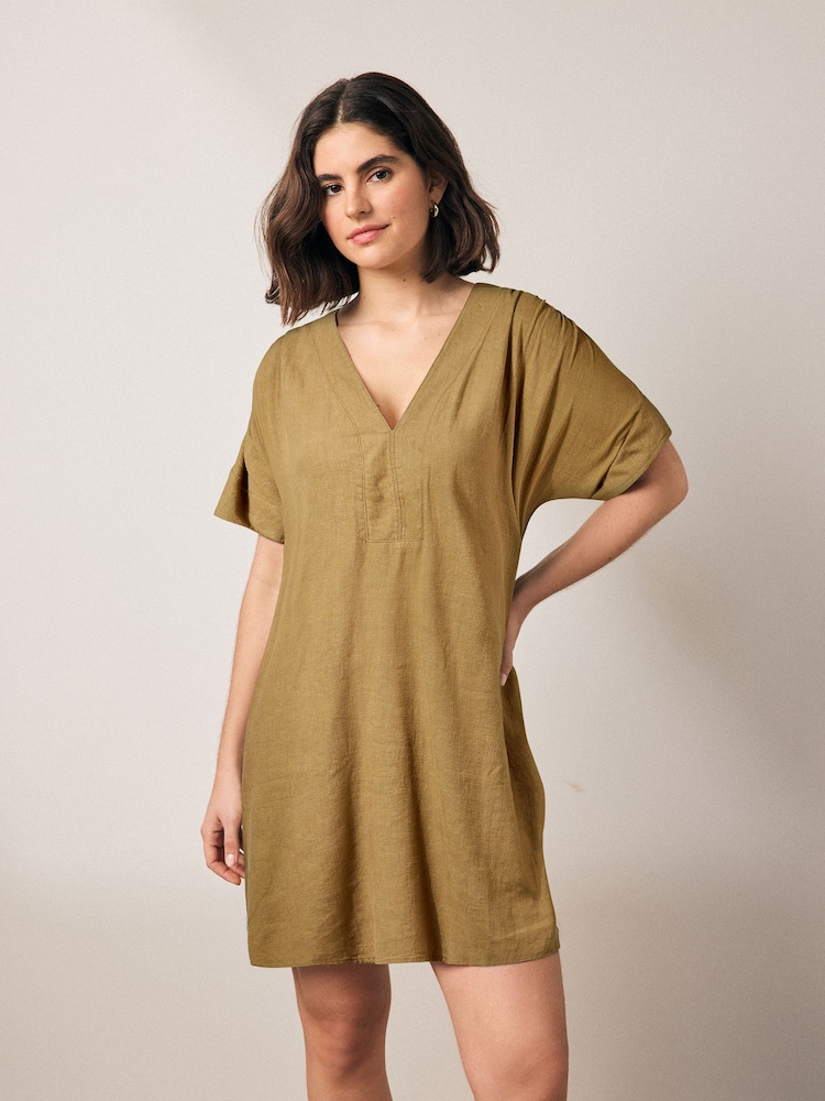 Khakigrün - Kaftan-Minikleid aus Leinen - Bild 1 von 6