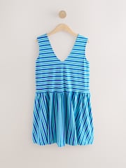 Blue Stripe 100% Cotton V-Neck Jersey Mini Summer Dress - Image 1 of 3