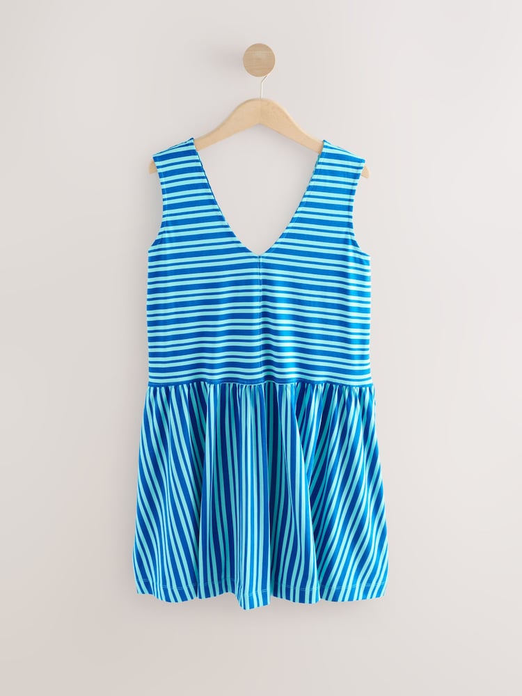 Blue Stripe 100% Cotton V-Neck Jersey Mini Summer Dress - Image 1 of 3
