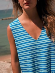 Blue Stripe 100% Cotton V-Neck Jersey Mini Summer Dress - Image 4 of 8