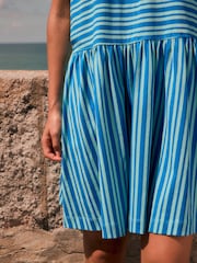 Blue Stripe 100% Cotton V-Neck Jersey Mini Summer Dress - Image 5 of 8