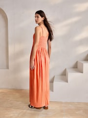 Bright Orange Strappy Shirred Jersey Maxi Dress - Image 2 of 6