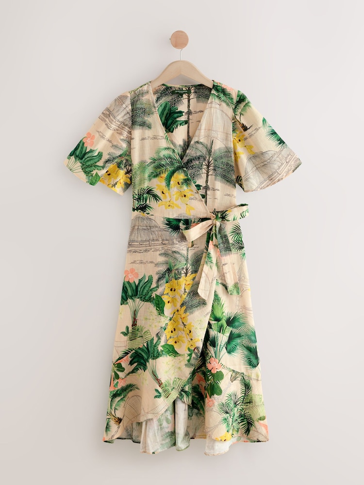 Kew Collection Green Floral Flutter Sleeve Wrap Midi Dress - Image 1 of 3