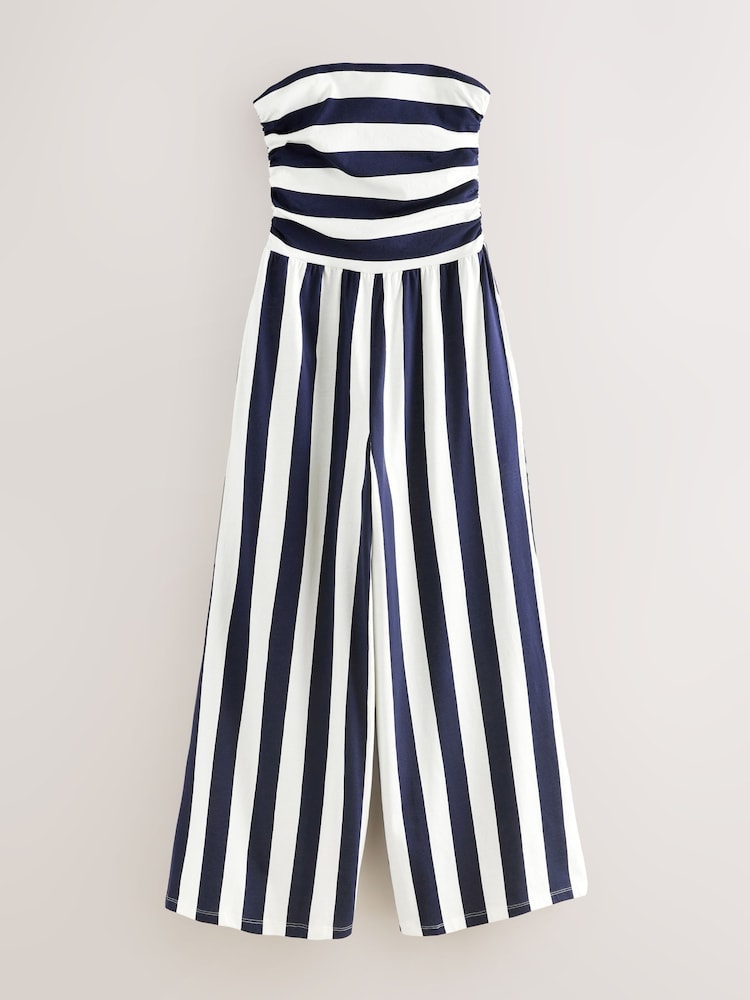Navy Blue & White Stripe Bandeau Jersey 100% Cotton Jumpsuit - Image 1 of 3