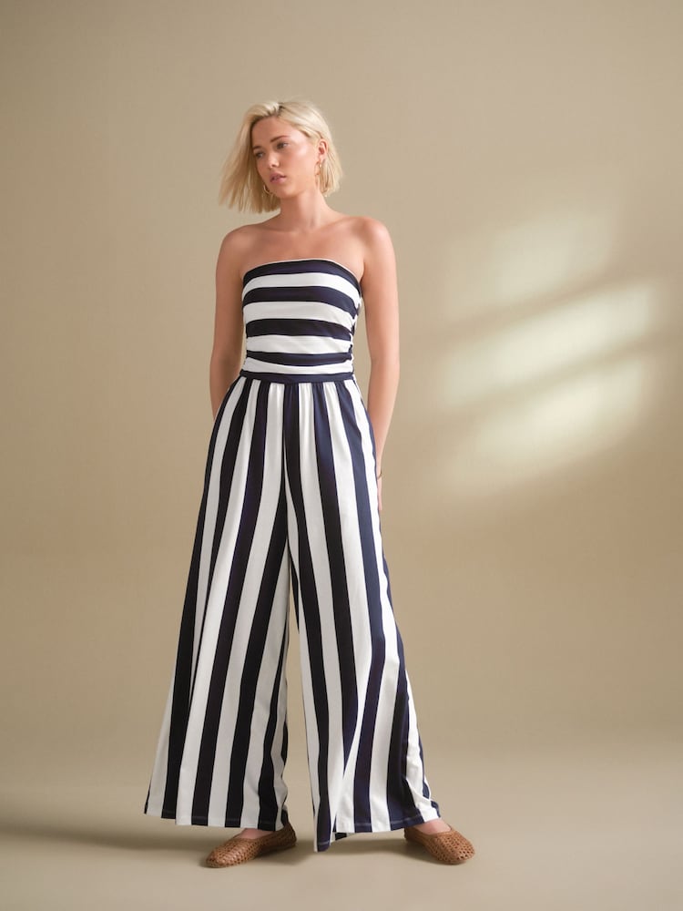 Navy Blue & White Stripe Bandeau Jersey 100% Cotton Jumpsuit - Image 1 of 6 Navy Blue & White Stripe Bandeau Jersey 100% Cotton Jumpsuit - Image 1 of 6
