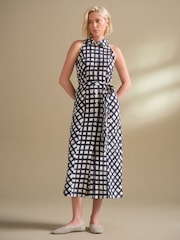 Mornariška modra/bela karirasta - Halterneck Sleeveless Tie Waist Midi Dress - Slika 1 iz 7