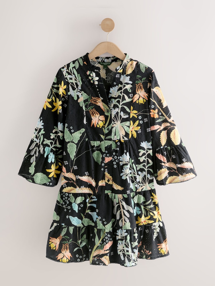 Kew Collection Navy Blue Floral Print Broderie 100% Cotton Shirt Mini Dress - Image 1 of 3