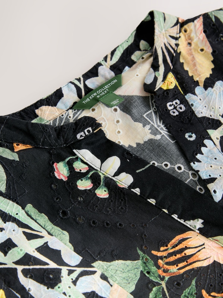 Kew Collection Navy Blue Floral Print Broderie 100% Cotton Shirt Mini Dress - Image 2 of 3