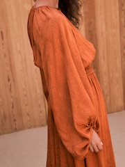Rust Brown N. Premium Satin Jacquard Volume Sleeve Maxi Dress - Image 4 of 7