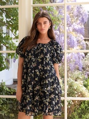 Navy Floral Mini Occasion Square Neck Boho Tiered Dress - Image 1 of 9