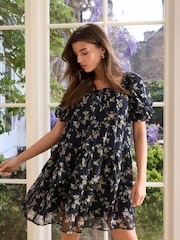 Navy Floral Mini Occasion Square Neck Boho Tiered Dress - Image 2 of 9