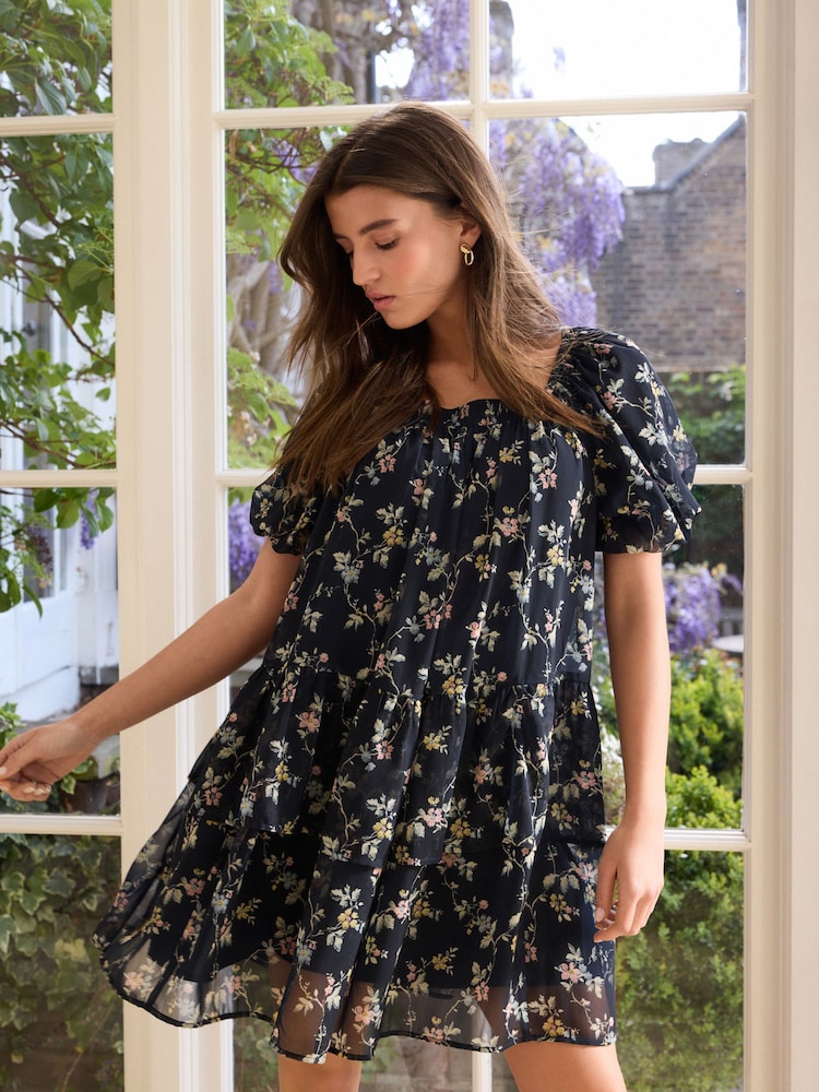 Navy Floral Mini Occasion Square Neck Boho Tiered Dress - Image 2 of 9 Navy Floral Mini Occasion Square Neck Boho Tiered Dress - Image 2 of 9