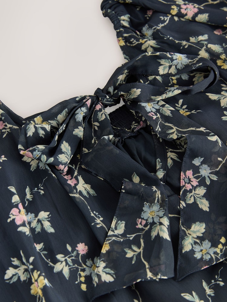 Navy Floral Mini Occasion Square Neck Boho Tiered Dress - Image 9 of 9