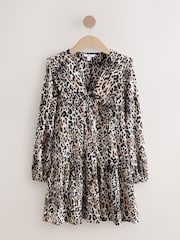 Animal Leopard Print Mini Frill Collar Tiered Boho Dress - Image 5 of 7