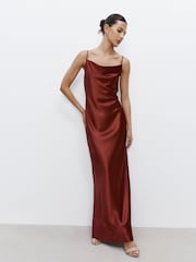 Rust Brown Bridesmaid Satin Cowl Neck V-Back Maxi Dress - Image 1 of 6