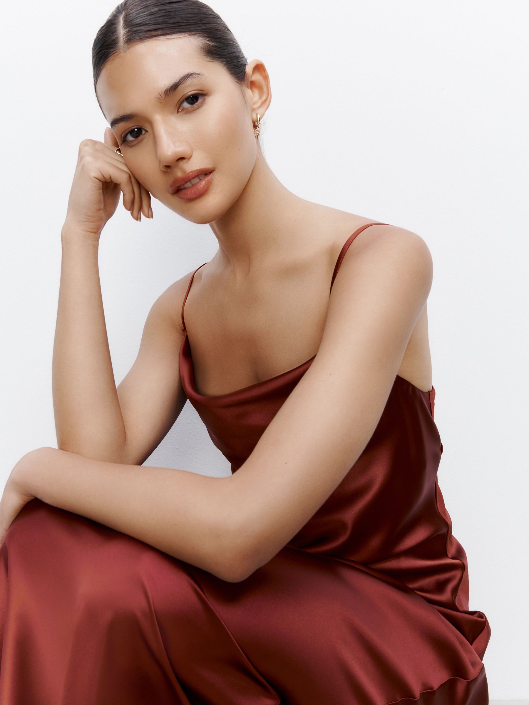 rust cowl neck satin dress Rust Strappy Back Cowl Neck Satin Midi Dress