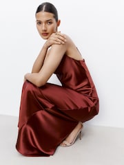 Rust Brown Bridesmaid Satin Cowl Neck V-Back Maxi Dress - Image 3 of 6