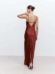 Rust Brown Bridesmaid Satin Cowl Neck V-Back Maxi Dress - Image 4 of 6