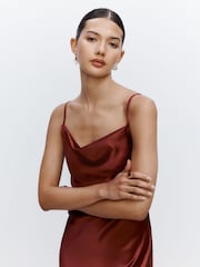 Rust Brown Bridesmaid Satin Cowl Neck V-Back Maxi Dress - Image 6 of 6