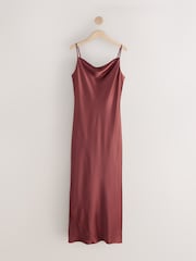 Rust Brown Bridesmaid Satin Cowl Neck V-Back Maxi Dress - Image 7 of 9