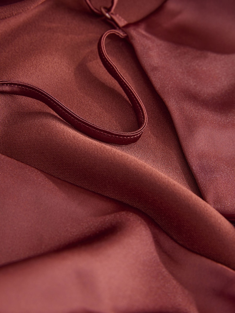 Rust Brown Bridesmaid Satin Cowl Neck V-Back Maxi Dress - Image 9 of 9