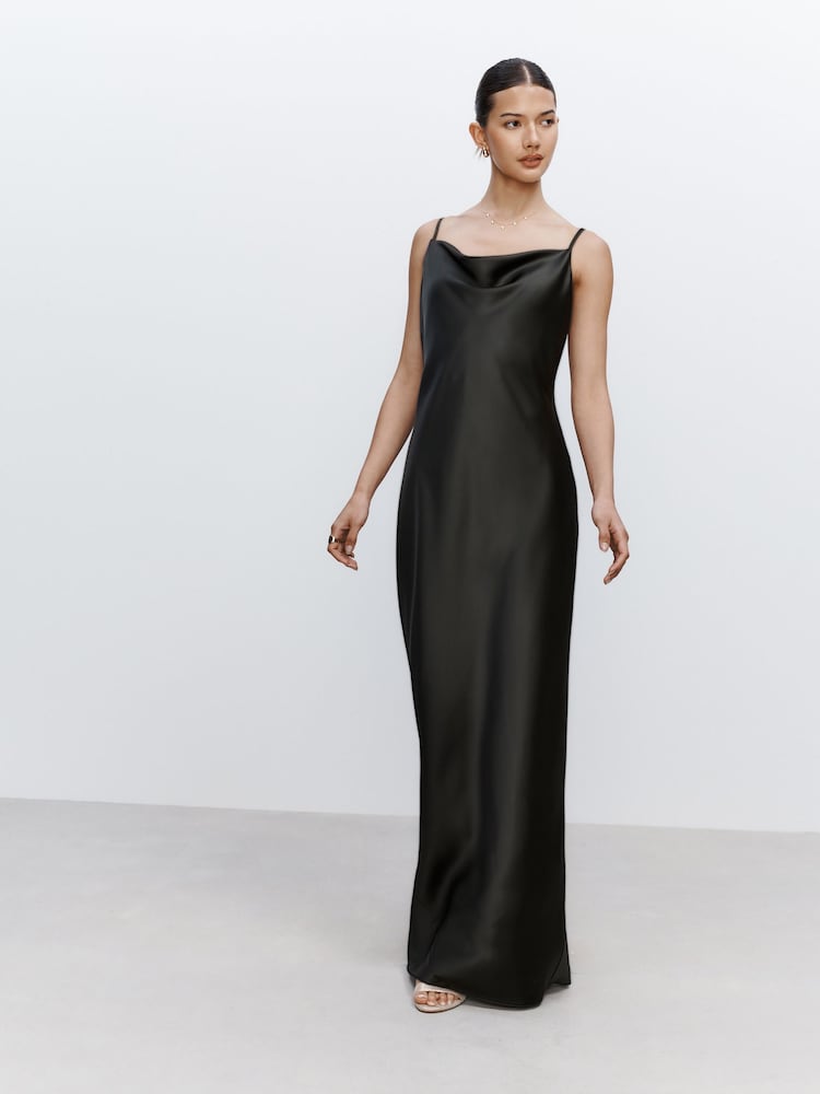 Pine Green Bridesmaid Satin Cowl Neck V-Back Maxi Dress - Image 1 of 5