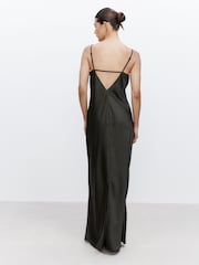 Pine Green Bridesmaid Satin Cowl Neck V-Back Maxi Dress - Image 3 of 5