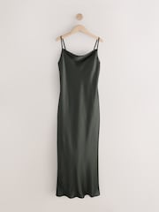 Borovo zelena - Bridesmaid saten z vulkanskim/nabranim ovratnikom V-Back dolga obleka - Slika 6 iz 8