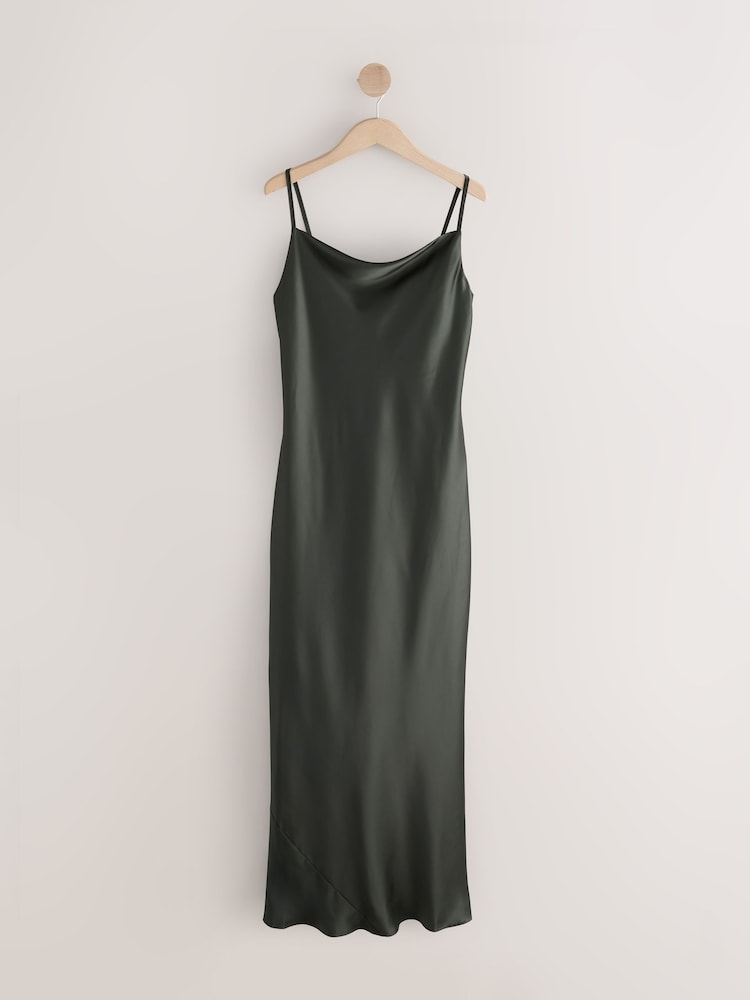 Pine Green Bridesmaid Satin Cowl Neck V-Back Maxi Dress - Image 6 of 8