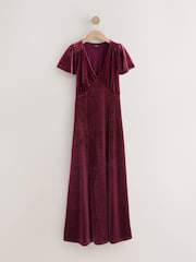 Berry Red Bridesmaid Velvet Flutter Sleeve Maxi Dress - Image 1 of 4
