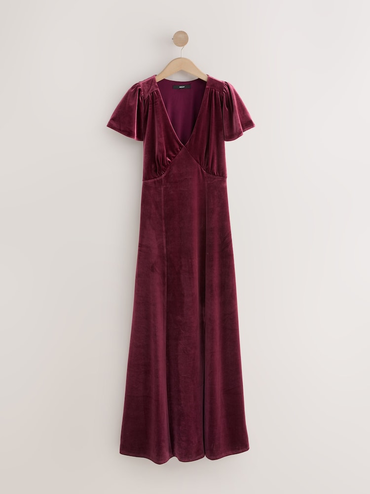 Berry Red Bridesmaid Velvet Flutter Sleeve Maxi Dress - Image 1 of 4