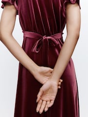 Berry Red Bridesmaid Velvet Flutter Sleeve Maxi Dress - Image 6 of 10