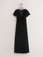 Black Bridesmaid Velvet Flutter Sleeve Maxi Dress - Image 1 of 4