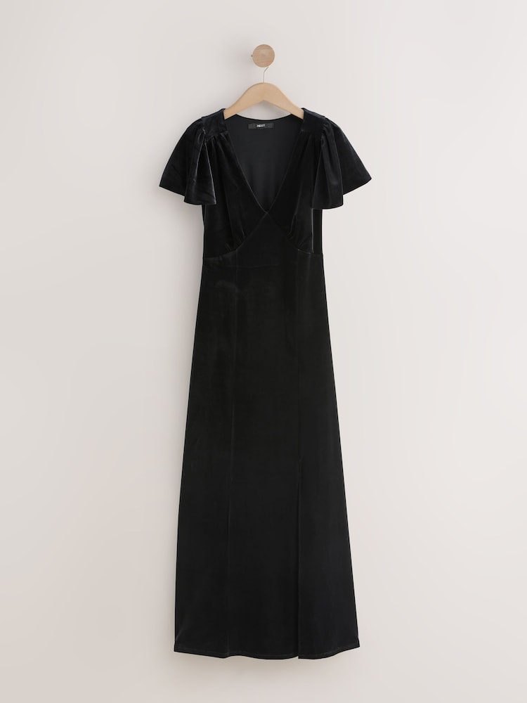 Black Bridesmaid Velvet Flutter Sleeve Maxi Dress - Image 1 of 4