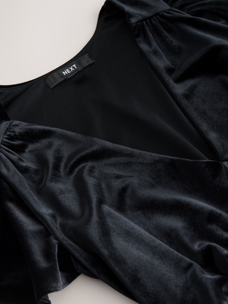 Black Bridesmaid Velvet Flutter Sleeve Maxi Dress - Image 4 of 4