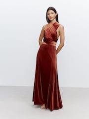 Rust Brown Bridesmaid Velvet Multiway Maxi Dress - Image 3 of 11