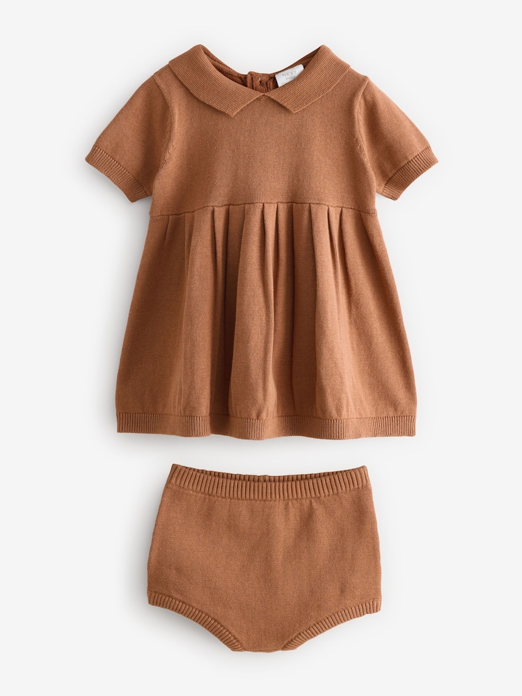 Tan Brown 2 Pocket Baby Knitted Bloom 100% Cotton Dress - Image 1 of 1