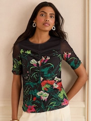 Love & Roses Black Floral Print Ruched Front Mesh Short Sleeve Top - Image 1 of 4