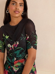 Love & Roses Black Floral Print Ruched Front Mesh Short Sleeve Top - Image 2 of 4