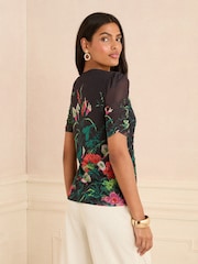 Love & Roses Black Floral Print Ruched Front Mesh Short Sleeve Top - Image 4 of 4