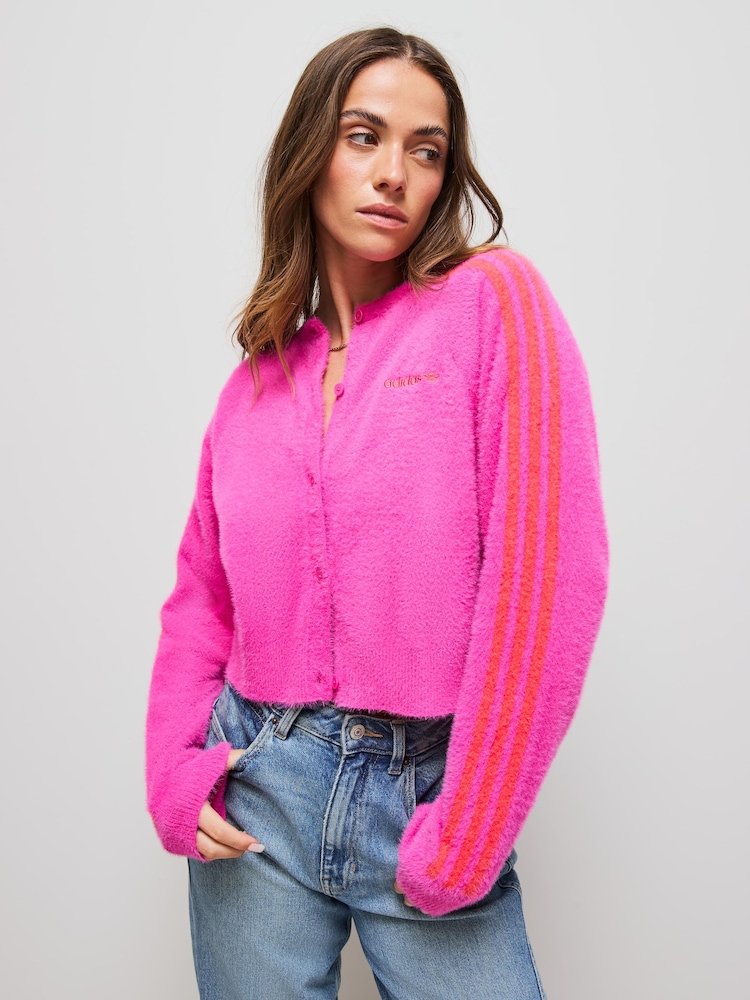 adidas Originals Pink Fluffy 3-Stripes Cardigan - Image 1 of 5 adidas Originals Pink Fluffy 3-Stripes Cardigan - Image 1 of 5